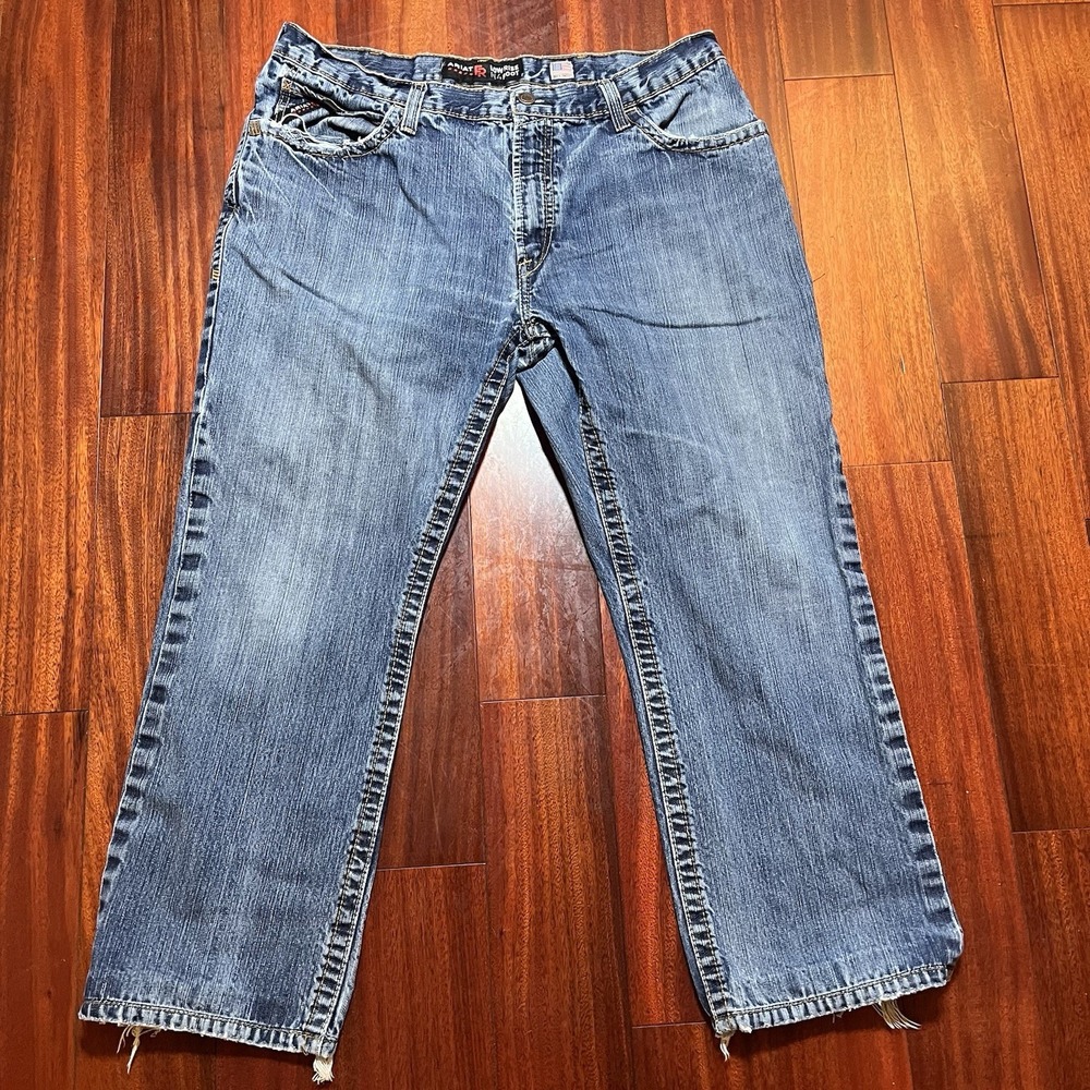 Ariat FR M4 Low Rise Boot Cut Jeans Mens 40x32 Blue Light Wash Workwear Cowboy